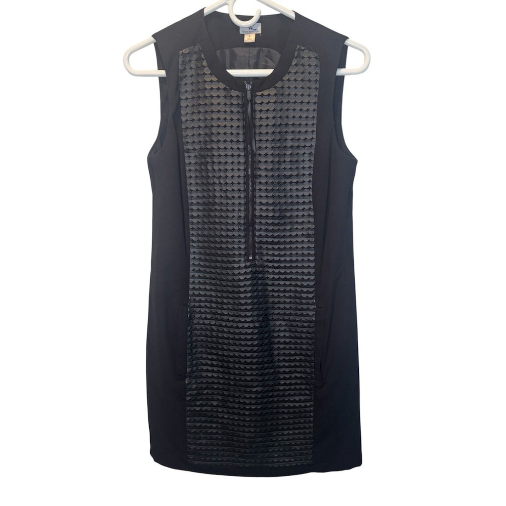 Worthington Black Faux Leather Scalloped Scale Half Zip Sleeveless Dress 4 NEW